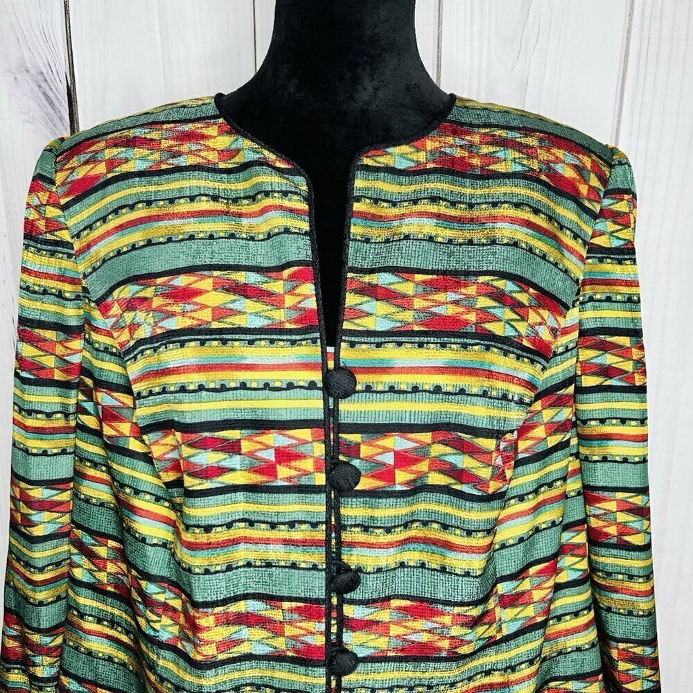 Adrianna Papell 100% Silk Jacket Sz 16 Geometric Multicolor Lined Vintage - Picture 2 of 11